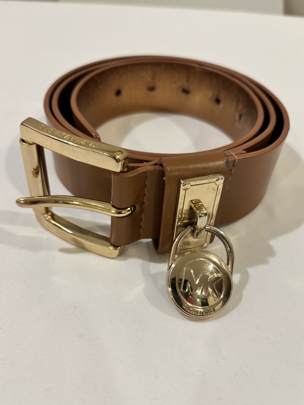 Michael Kors Brown & Gold MK Logo Lock Buckle Belt - Size Large (108 cm)